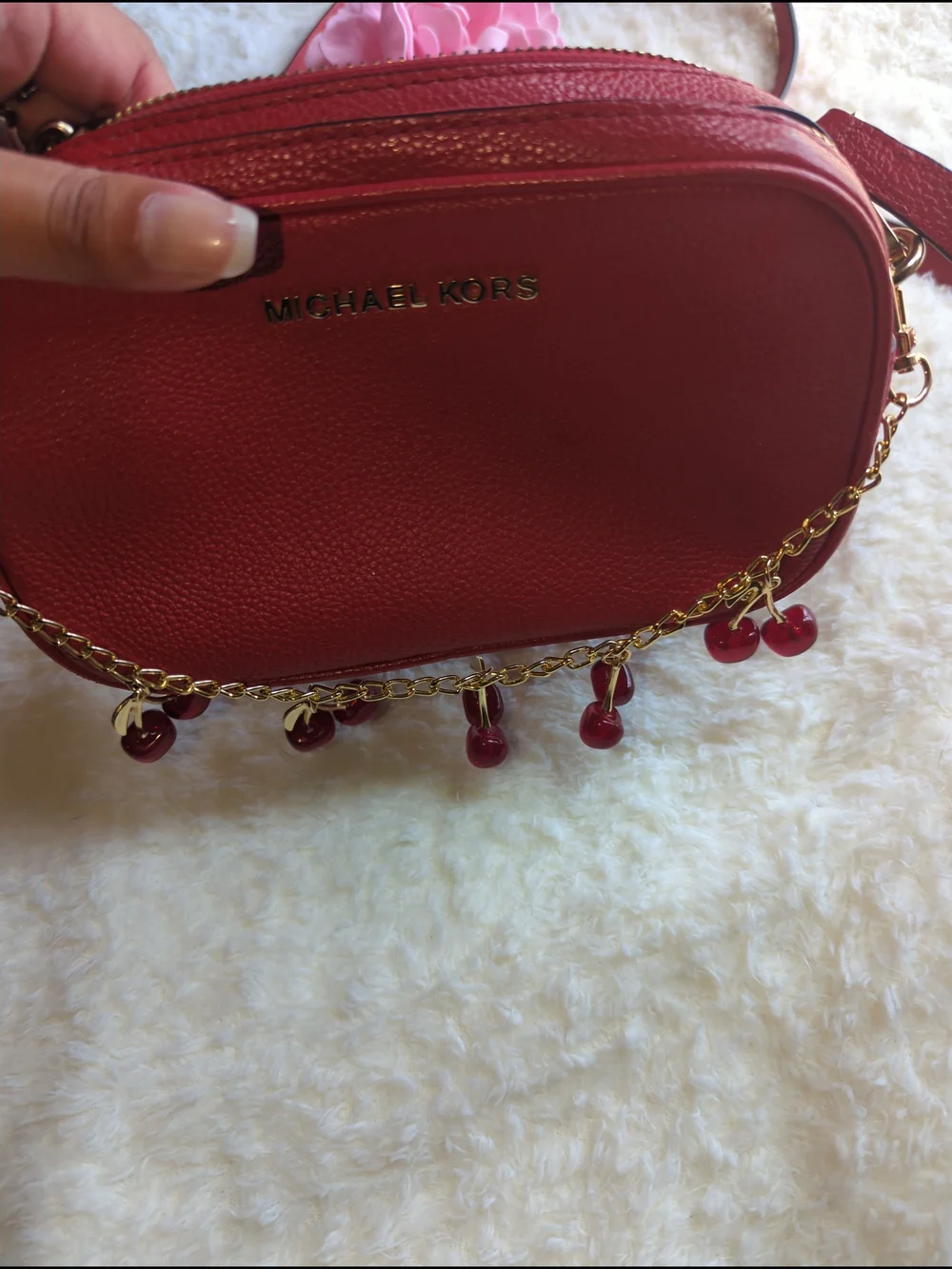 Michael Kors Red Pebbled Leather Crossbody with Cherry Chain Charm Cute